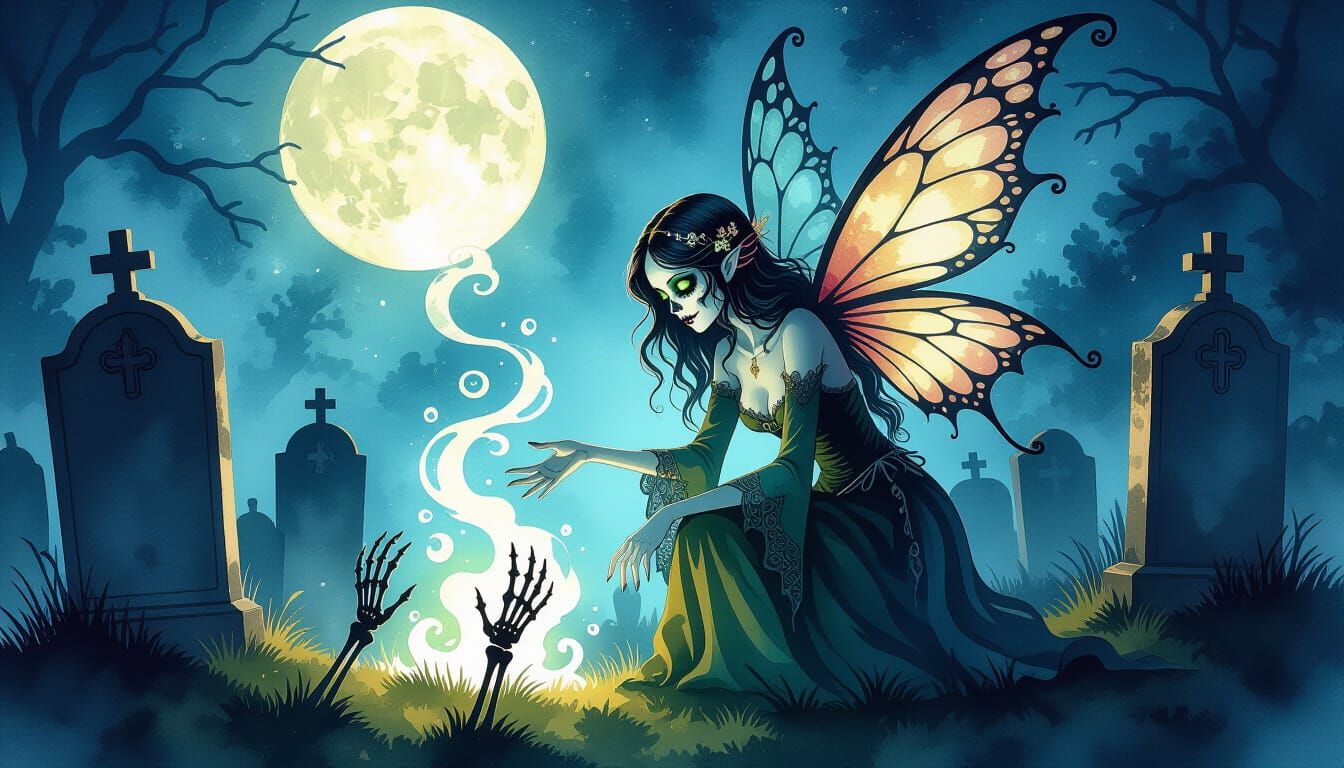 A whimsical fairy necromancer, with wings like tattered lace and eyes that hold ancient secrets, tends to a graveyard bathed in moonlight. S...