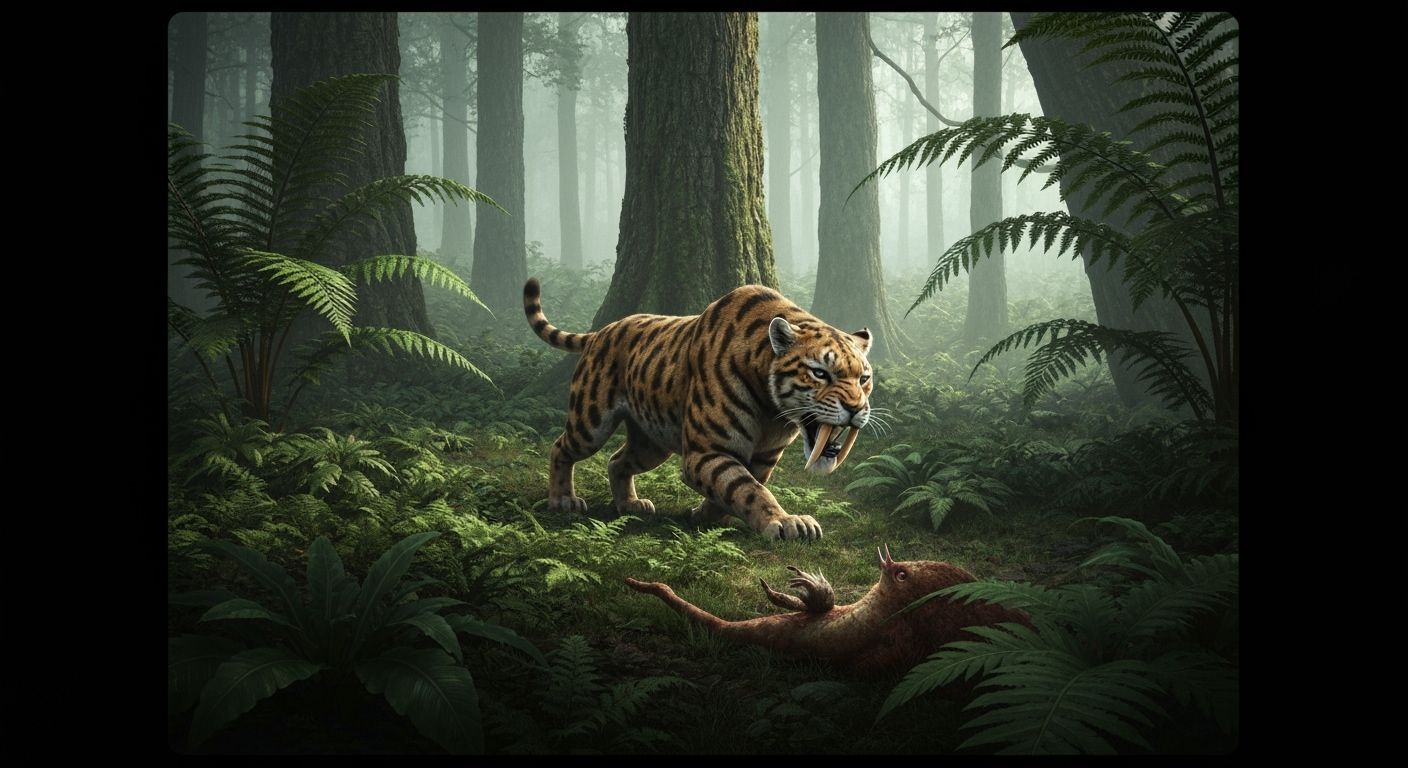 A saber-toothed cat, camouflaged in the dense foliage of a prehistoric jungle, stalking its prey with ...  by @Terramare