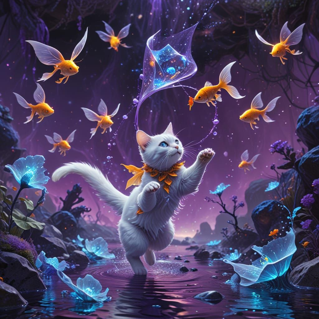 A cat chases flying goldfish.