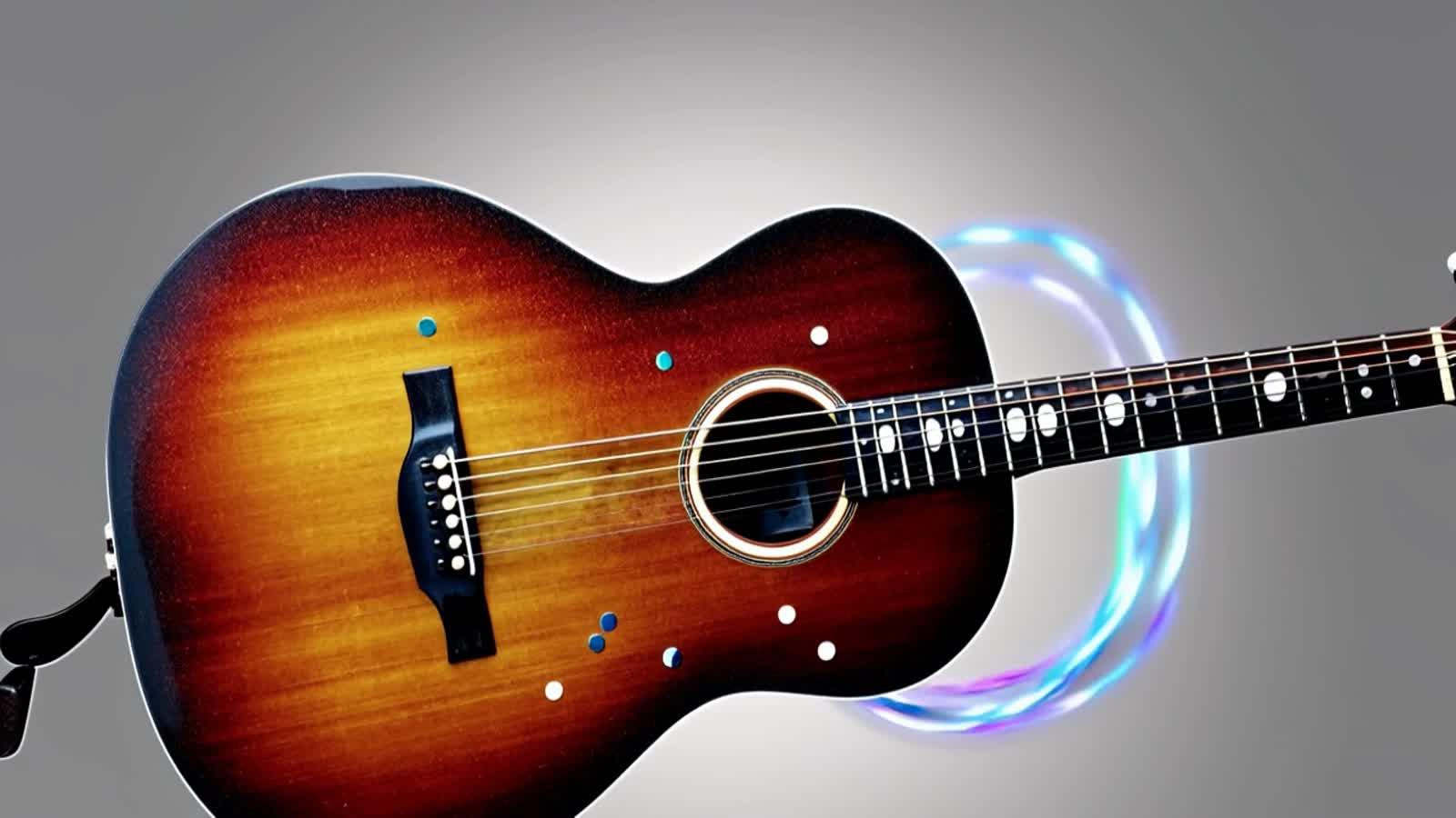 A glittering guitar with musical notes swirling around it.