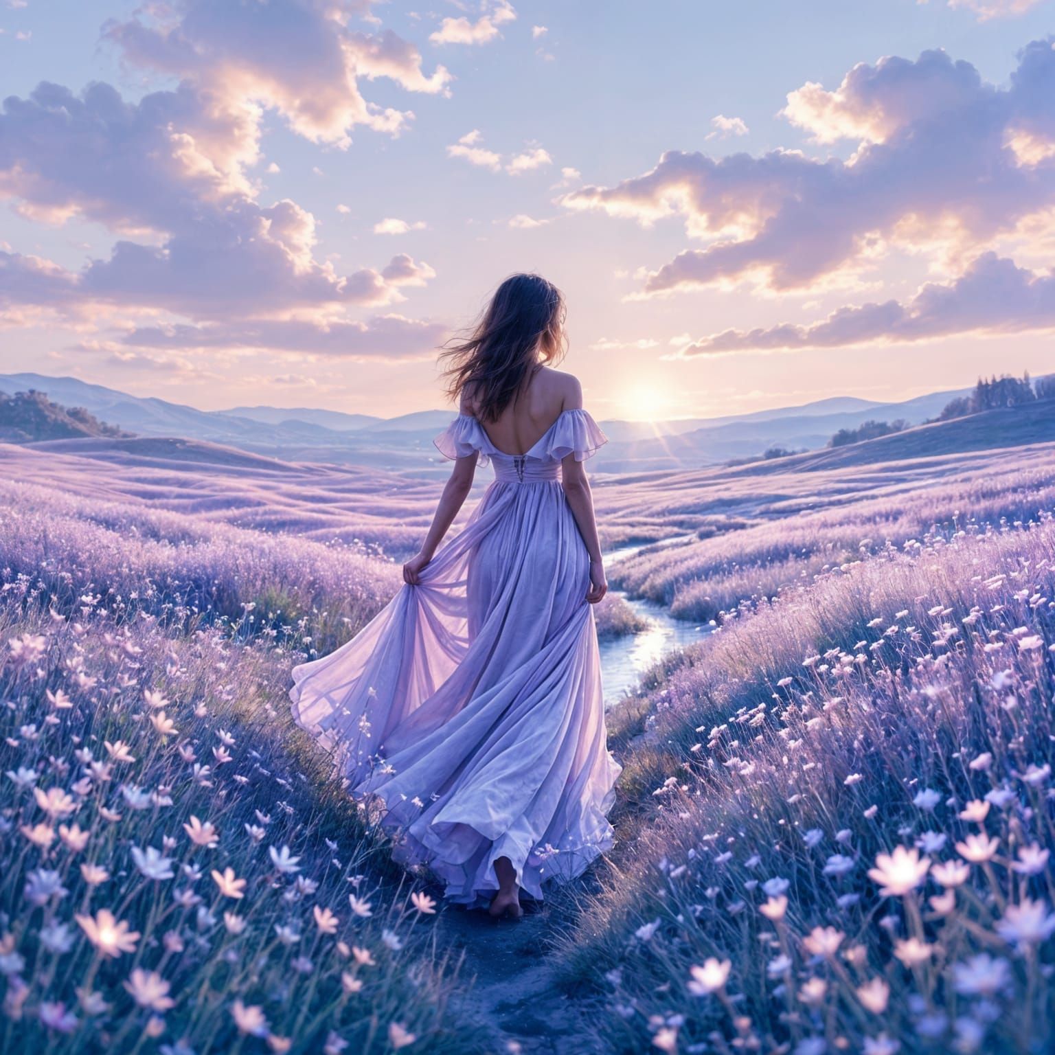 She wanders where fabric meets painted meadow. Fantasy realms blossom beneath her velvet steps. Sky and dress merge in soft pastels.