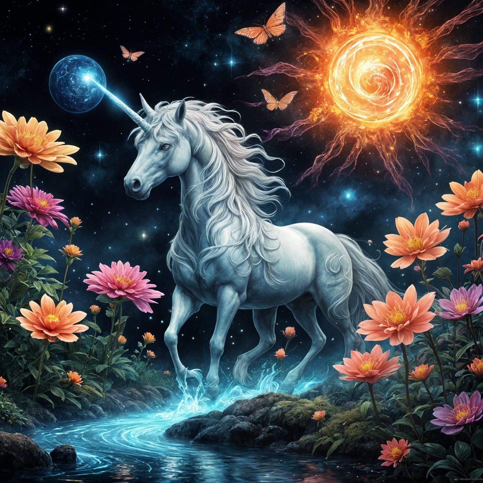 A majestic unicorn drinks from a enchanted illuminating stream. The bank is covered by large glowing neon colored flowers while  glowing fai...
