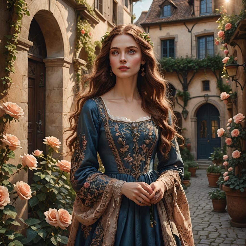 Elegant Woman in European Courtyard: Fantasy Concept Art