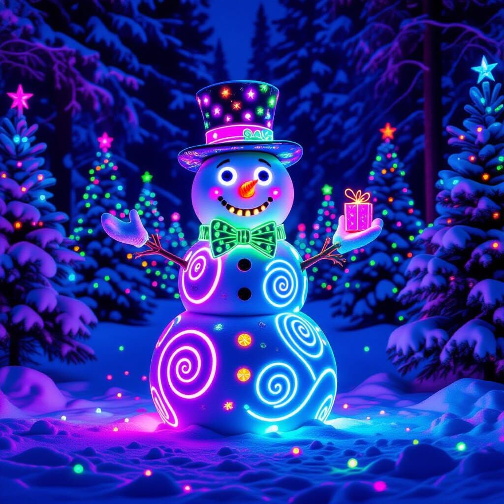 Voici un prompt pour cette image :

"Un bonhomme de neige lumineux et psychédélique se dresse au centre d'une forêt de sapins également illu...