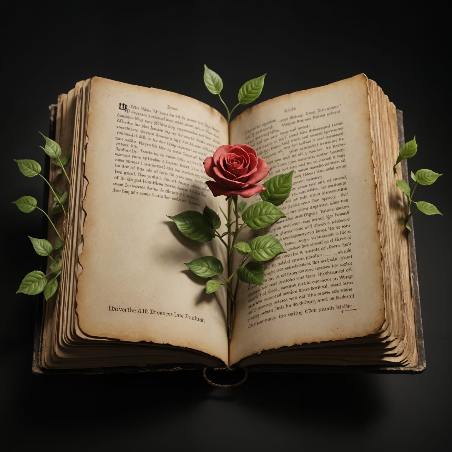 Plants in hidden places, tiny rose bush hidden inside the pages of an antique book, The Secret Garden trending on Artstation Unreal Engine 3...