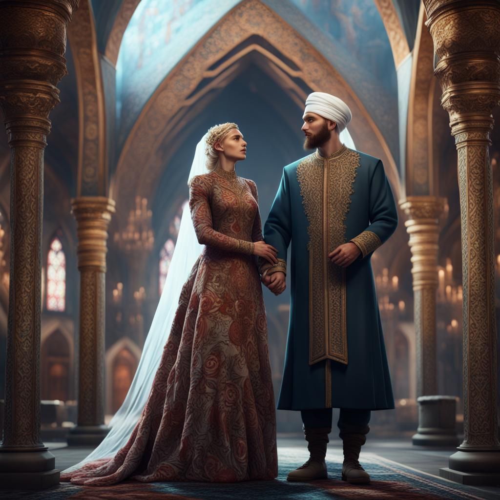 Nordic woman with her Muslim husband on their wedding detail...