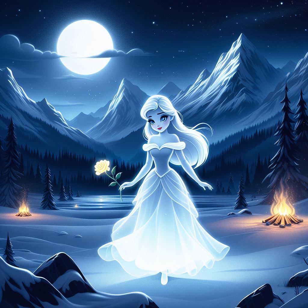 a pale white beautiful ghostly girl is walking through a moonlit valley with mountains on either side. a full moon is in...
