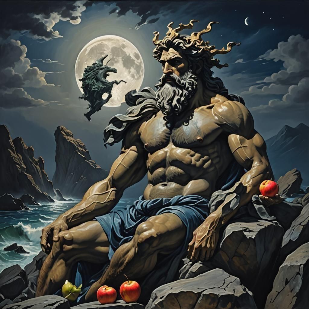 Posiden on a rock eating an apple, full moon behind him,  hyperdetailed