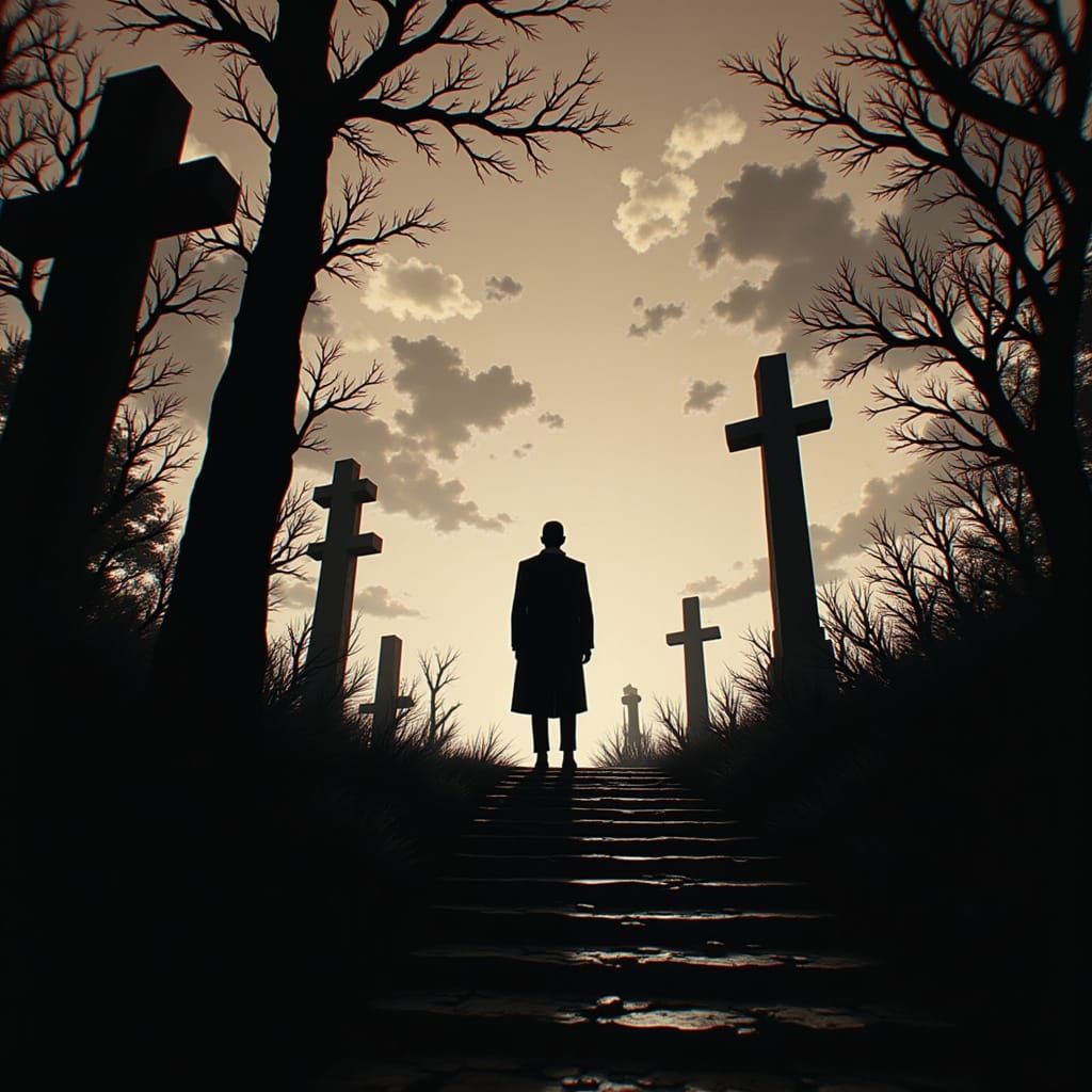 <lora:Alfred Glitchcock:1.0> visiting grandfathers tomb at sunset, in the style of Alfred Glitchcock