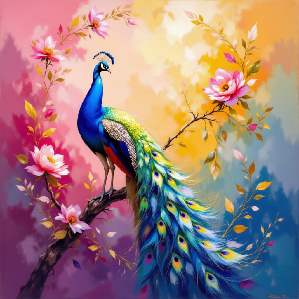<lora:Painterly Or NotToBe:1.0> peacock. Rendered in a painterly style that weaves Pre-Raphaelite storytelling, impressionist spontaneity, a...