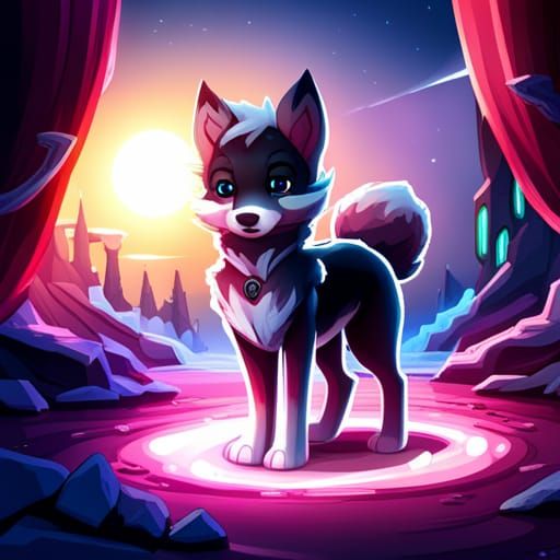 an adorable royal wolf pup with a pink diamond shape on his head and ...