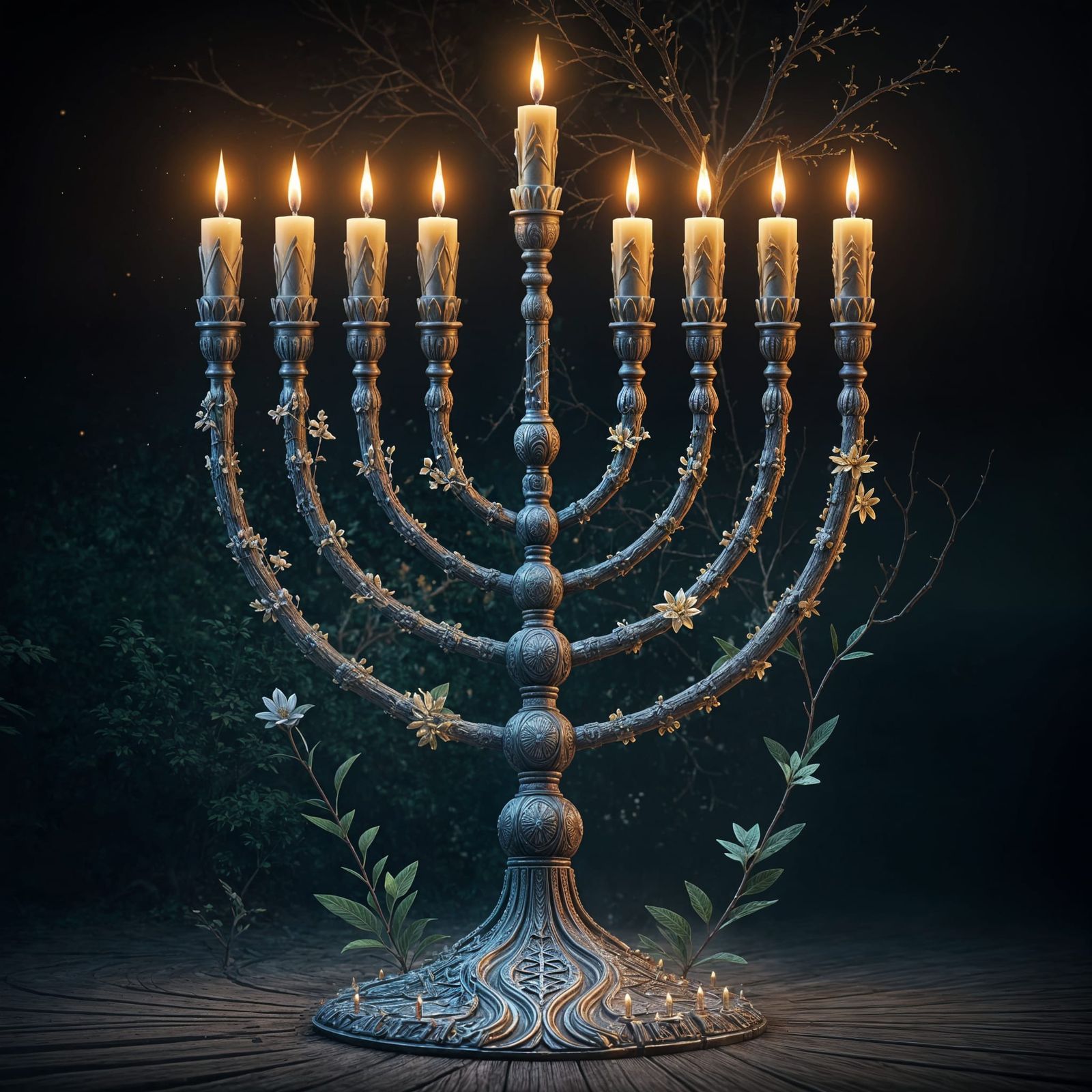 Surreal Titanium Menorah with Eight Intricately Detailed Bra...
