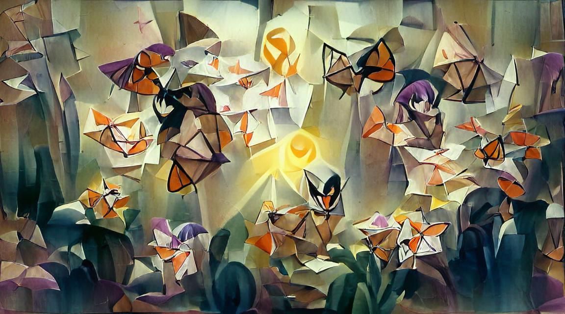 Origami Butterflies in Cubist Ink and Watercolor Style