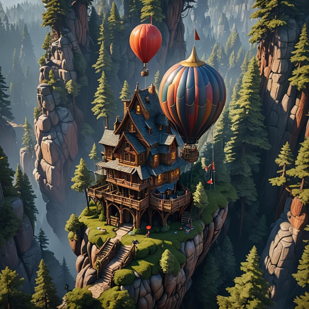 "A balloon-house built on top of a sequoia"