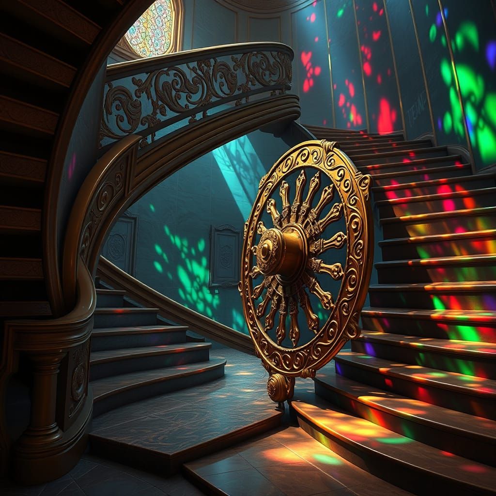 Majestic Golden Wheel Ascends Spiraling Staircase in Vibrant...