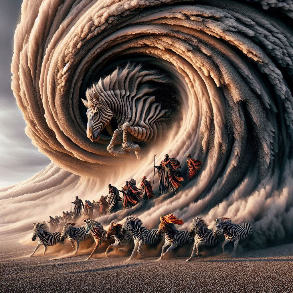 Zebra in a sand storm whirl wind with Zulus and zebra stampe...