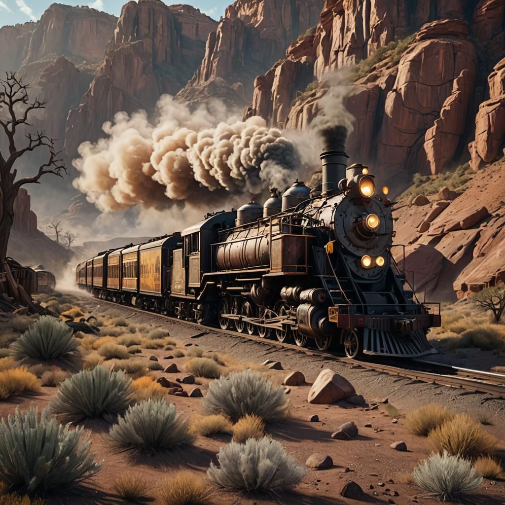 Old west locomotive travels American southwest pursued by ba...