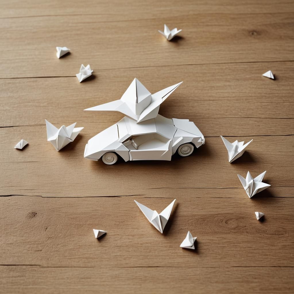 Delicate Origami Car on Wooden Desk in Macro Shot