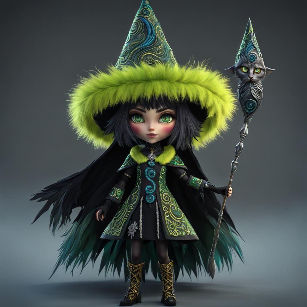 green bipedal furry humanoid witch with feline facial featur...