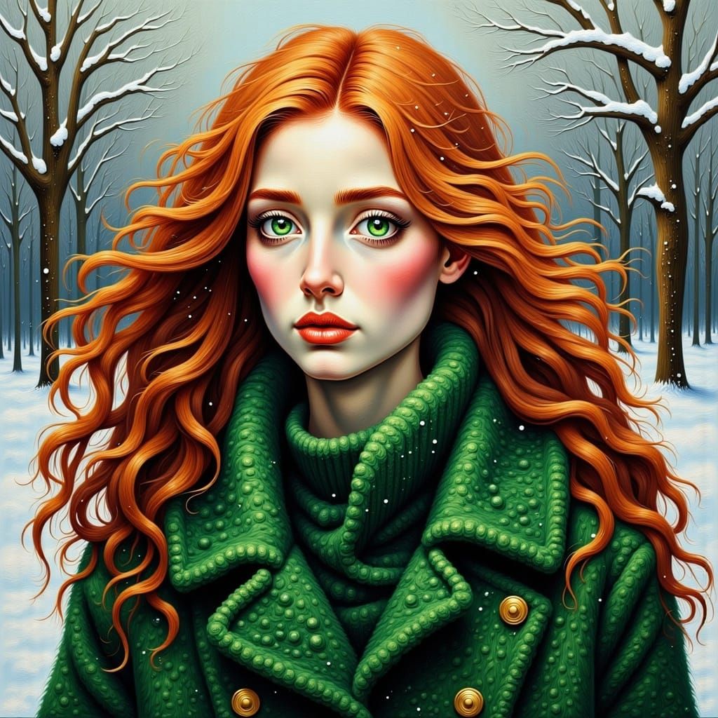 <lora:Lovely portrait:1.0> A beautiful woman in Winter, with big hazel eyes, long red hair, and wearing a green coat. Deep impasto painting