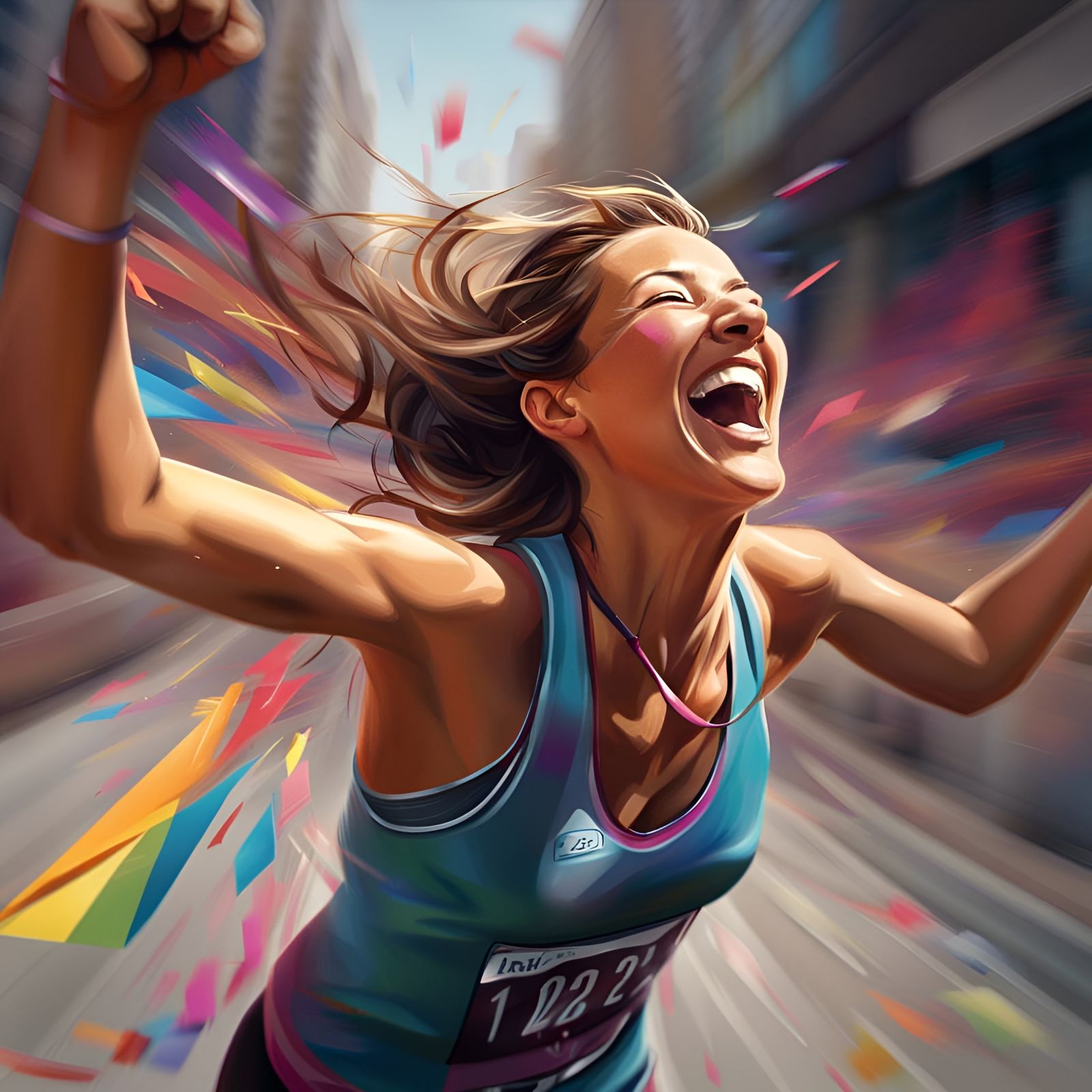 A woman winning a marathon. Running through the winning tape, arms in the air, the woman is laughing. ...  by @Irene