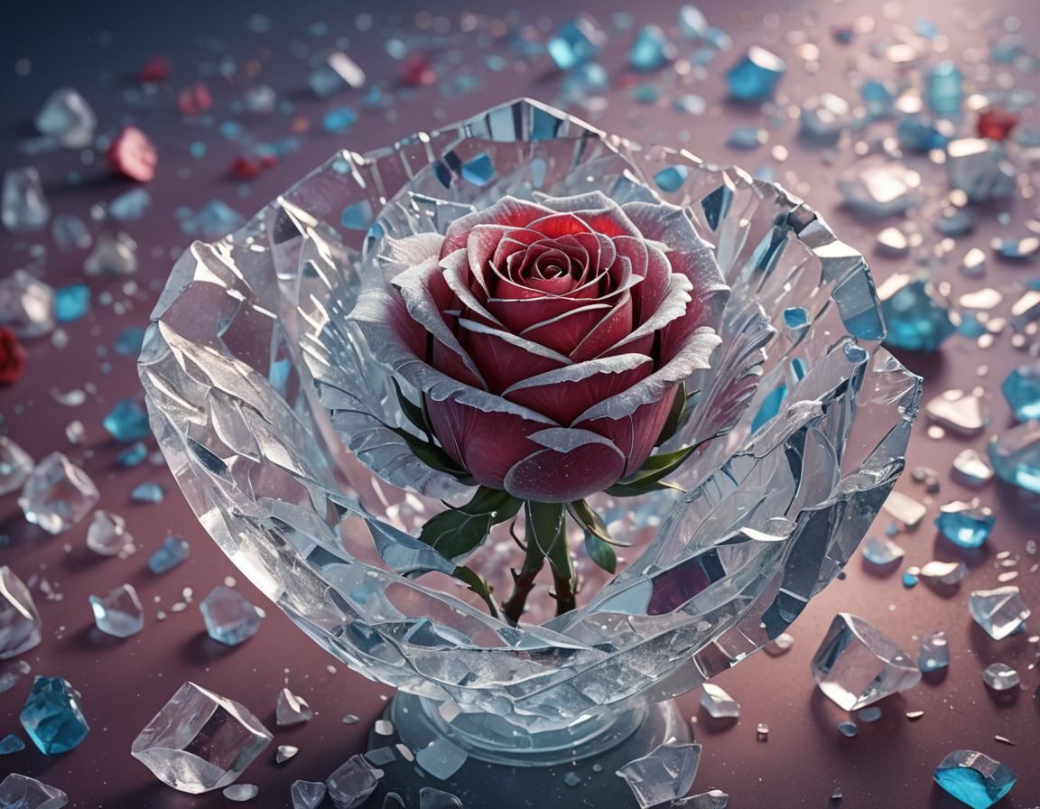 a frozen rose, made of ice, surrounded by broken glass, mill...