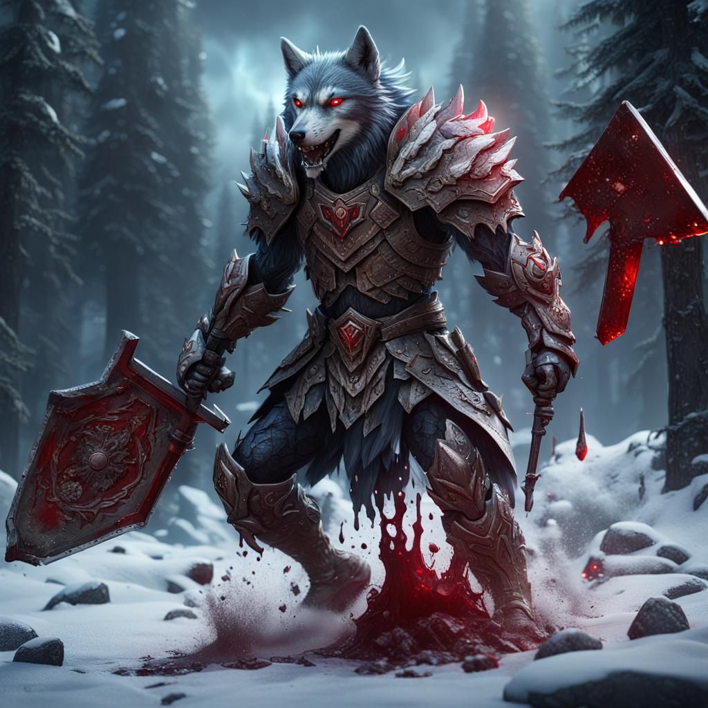 A humanoid wolf with cool armor and a giant cleaver that is ...