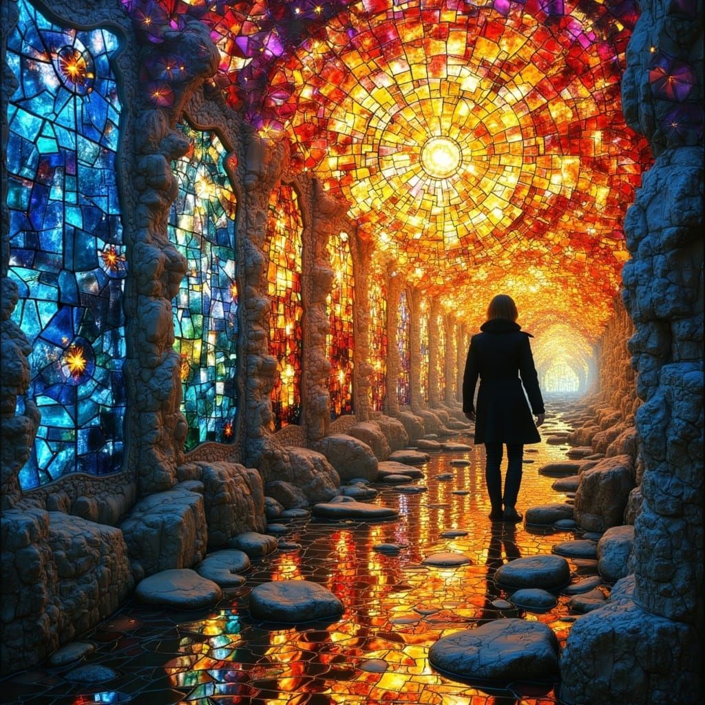 <lora:Stained Glass:1.0> A spectral cartographer formed by kaleidoscopic panes of broken stained glass, set against a drift of spiraling go...