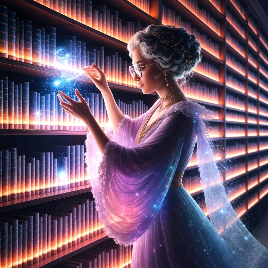 A celestial librarian with shelves made of starlight, organizing constellations and galaxies in an endless library. The librarian wears robe...