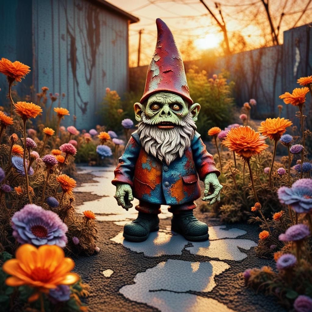 a zombie garden gnome in a desolate backyard full of dead fl...