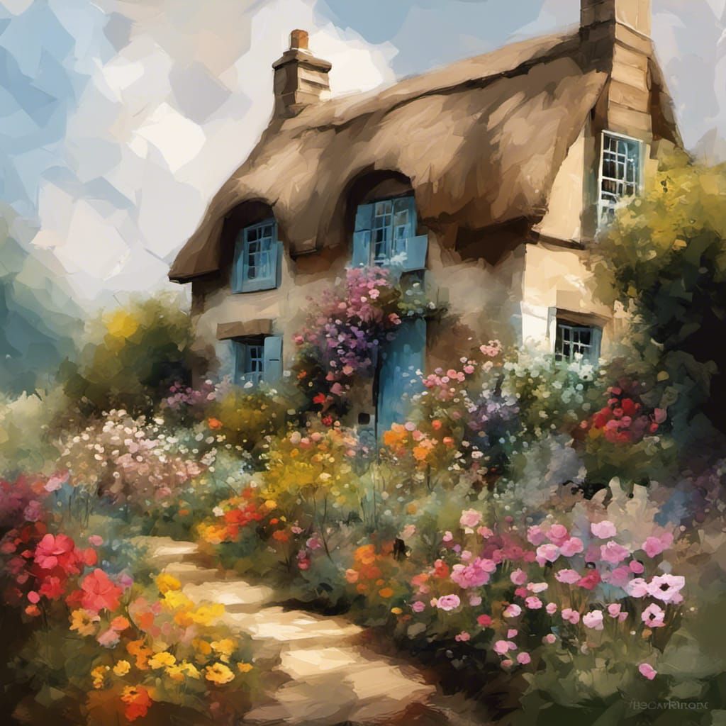 English cottage with flowers; amazing atmospheric chiaroscuro colorful ...