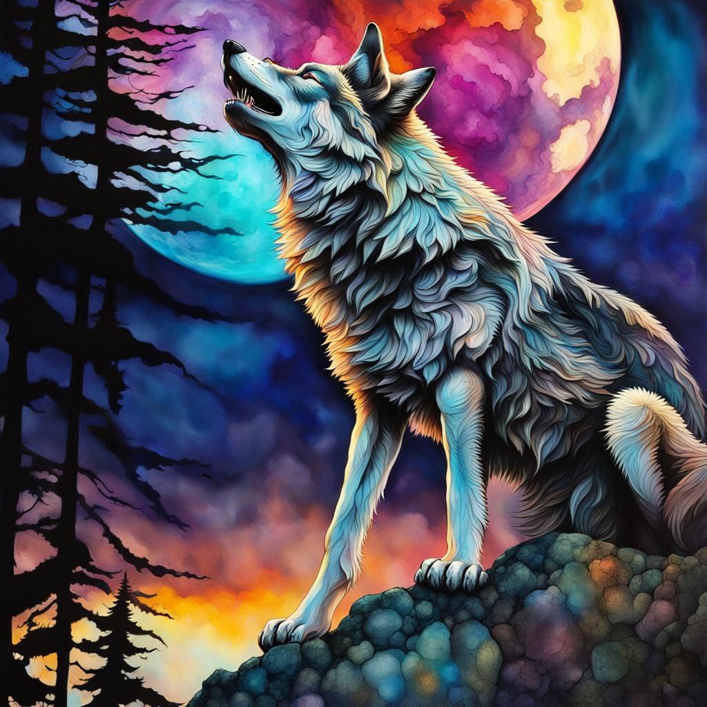 intricate details, alcohol ink, night time, gorgeous wolf standing on a ...