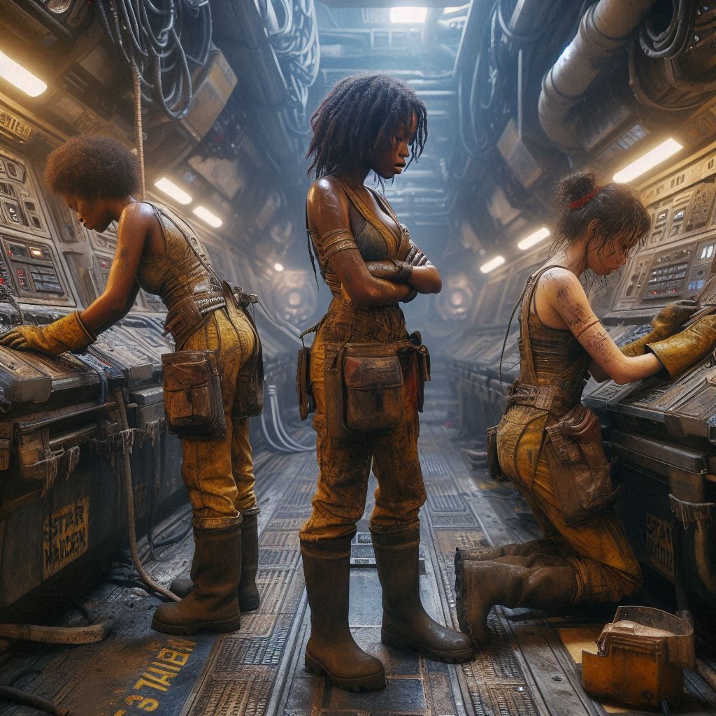 In the maintenance bay of an old spacefreighter, machinery i...