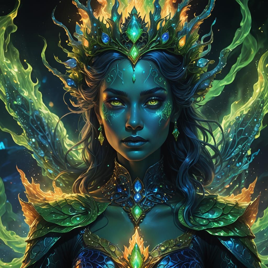 Blue Queen of heaven getting high in the green psychedelic fire of the deep ocean