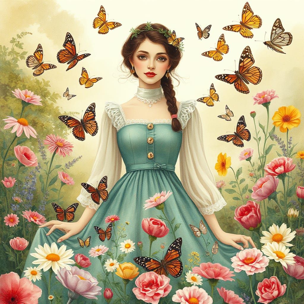 Whimsical Woman in Floral Garden, in the Style of Beatrix Po...