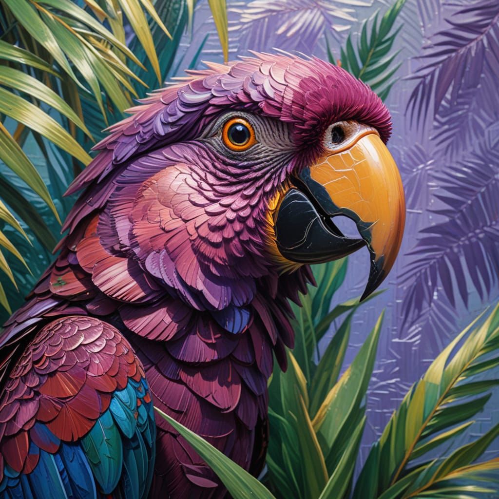 watercolor,  charcoal and (smudged chalk) storybook illustration of a  closeup of the head of an exotic purple and mauve toned parrott,  pal...