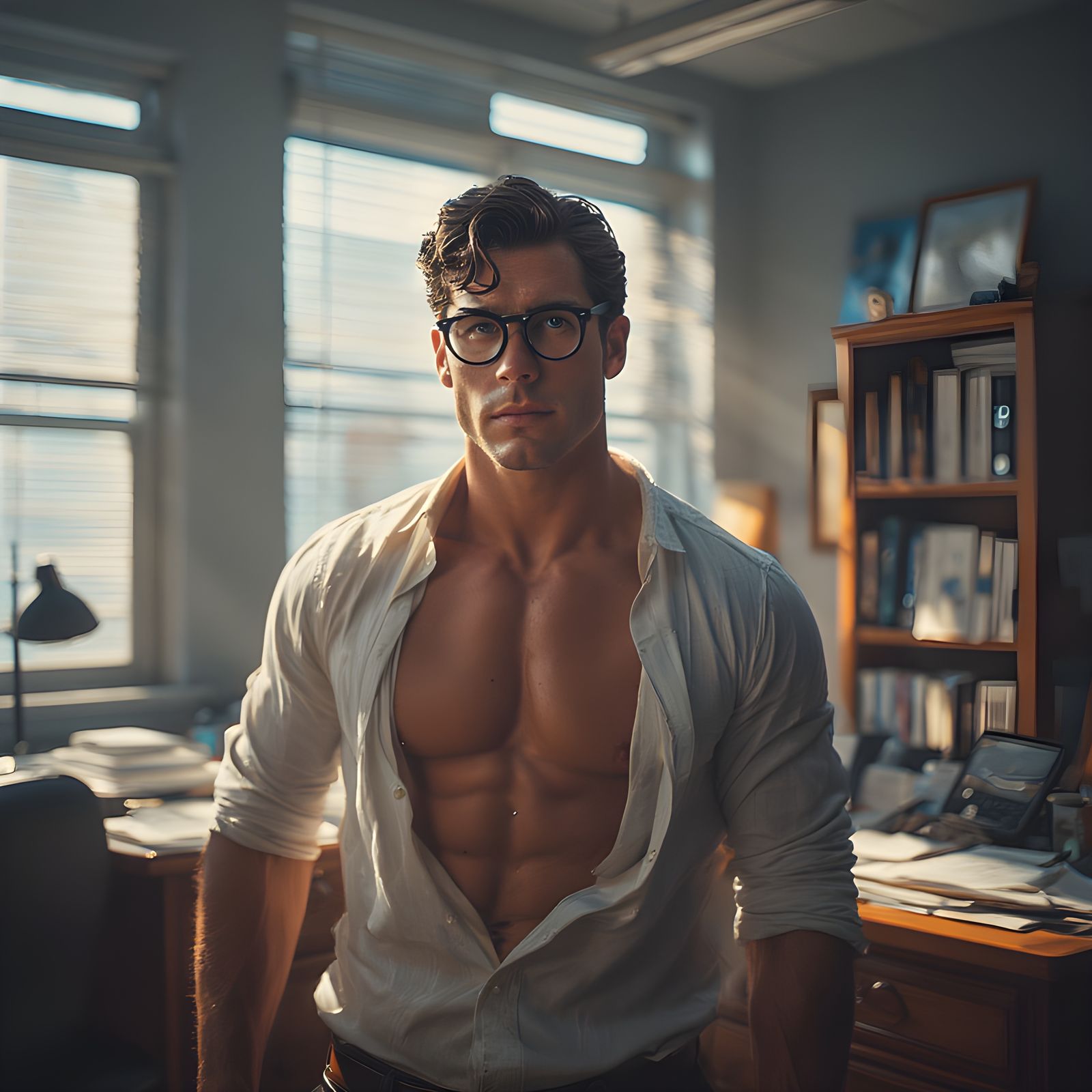 Clark Kent open shirt in office