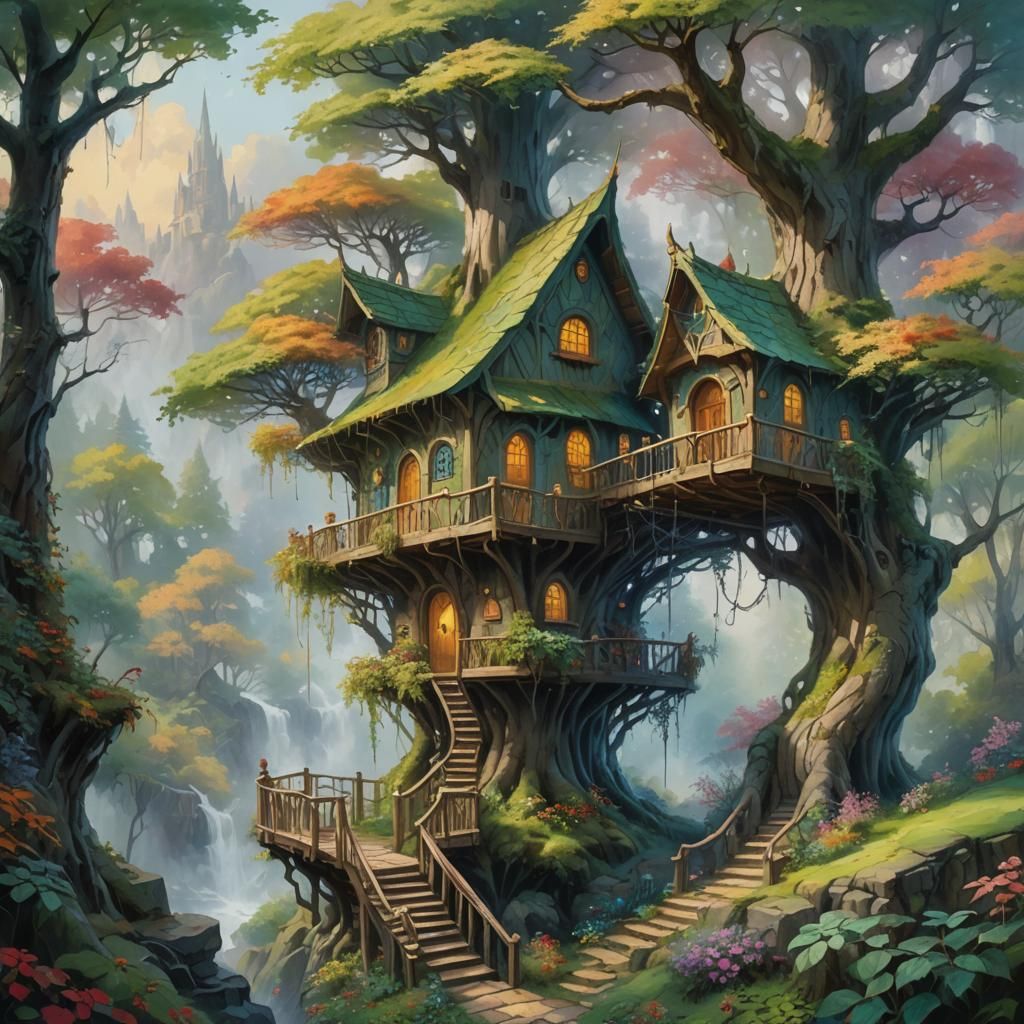 An elvish treehouse in Gouache Style, Watercolor, Museum Epi...