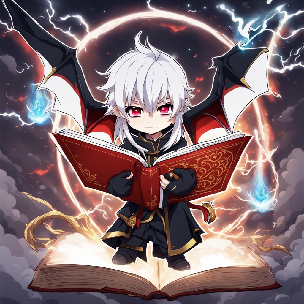 lightning chibi dragon, red eyes, red horn, white hair, blac...