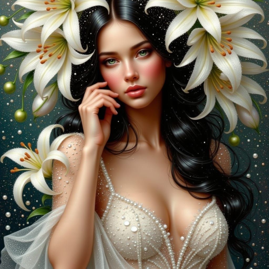 <lora:MOSAIC PEARL GLITTER:1.0> a beautiful dark haired woman surrounded by white lilies, mosaic, pearls, glitter