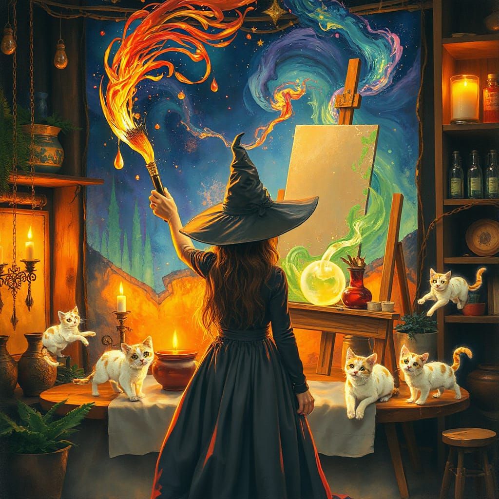 witch-artist standing before an easel where the painting climbs out into reality, swirling enchanted colors, floating paint droplets, brush ...