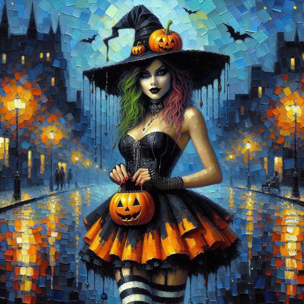 A beautiful punk woman wearing a Halloween pumpkin costume with a witch hat with a little pumpkin on ...  by @Aristea