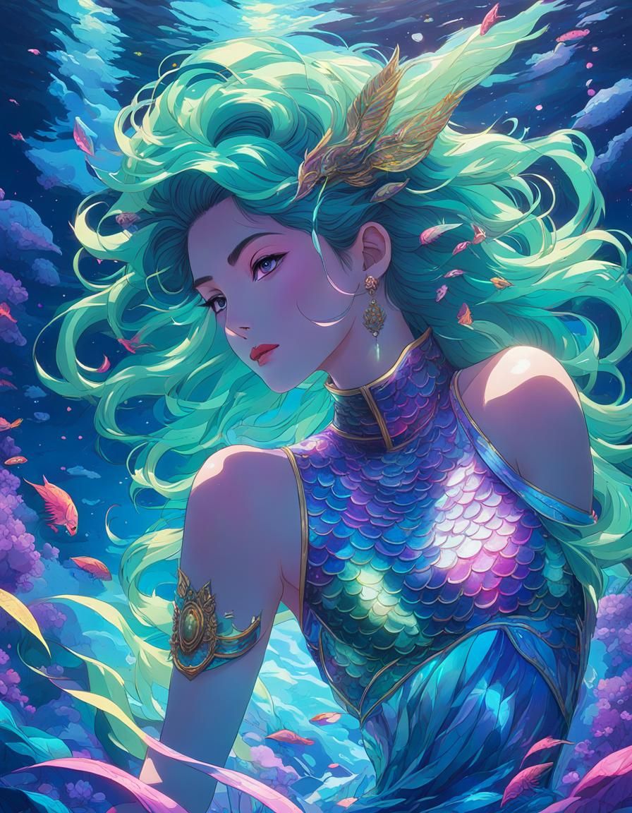 (vaporwave art of a androgynous god of the sea with glittering scales ...