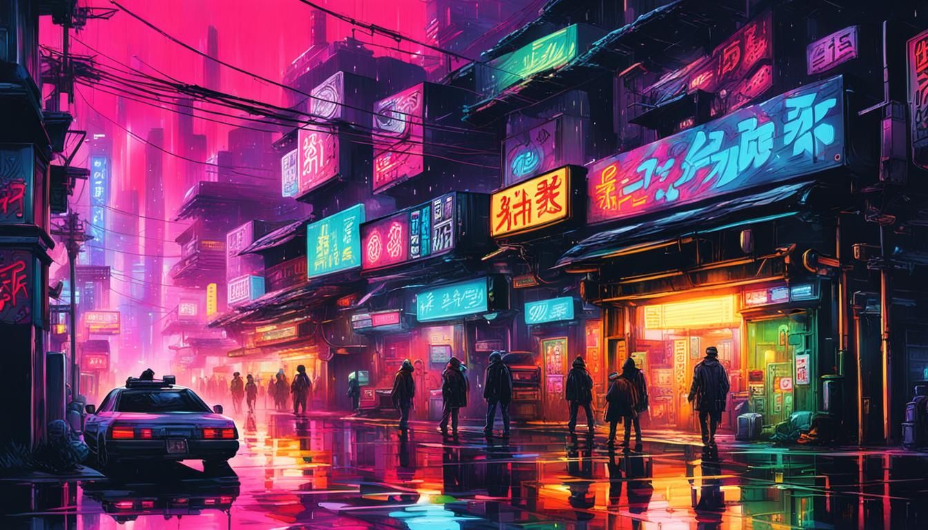 neon Japanese future city on rainy night