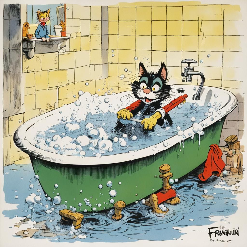 Fritz the cat in a bath Franquin - AI Generated Artwork - NightCafe Creator