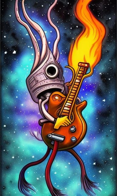 Alien squid playing bass guitar on fire a Galaxy, action sho...