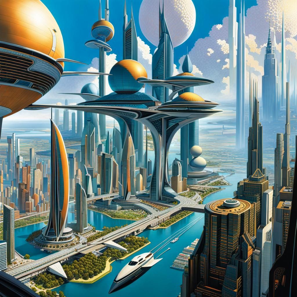 Futuristic Utopian World City: Where Biology and Technology Are Beautifully Aligned, intricate details, ...  by @Lennis