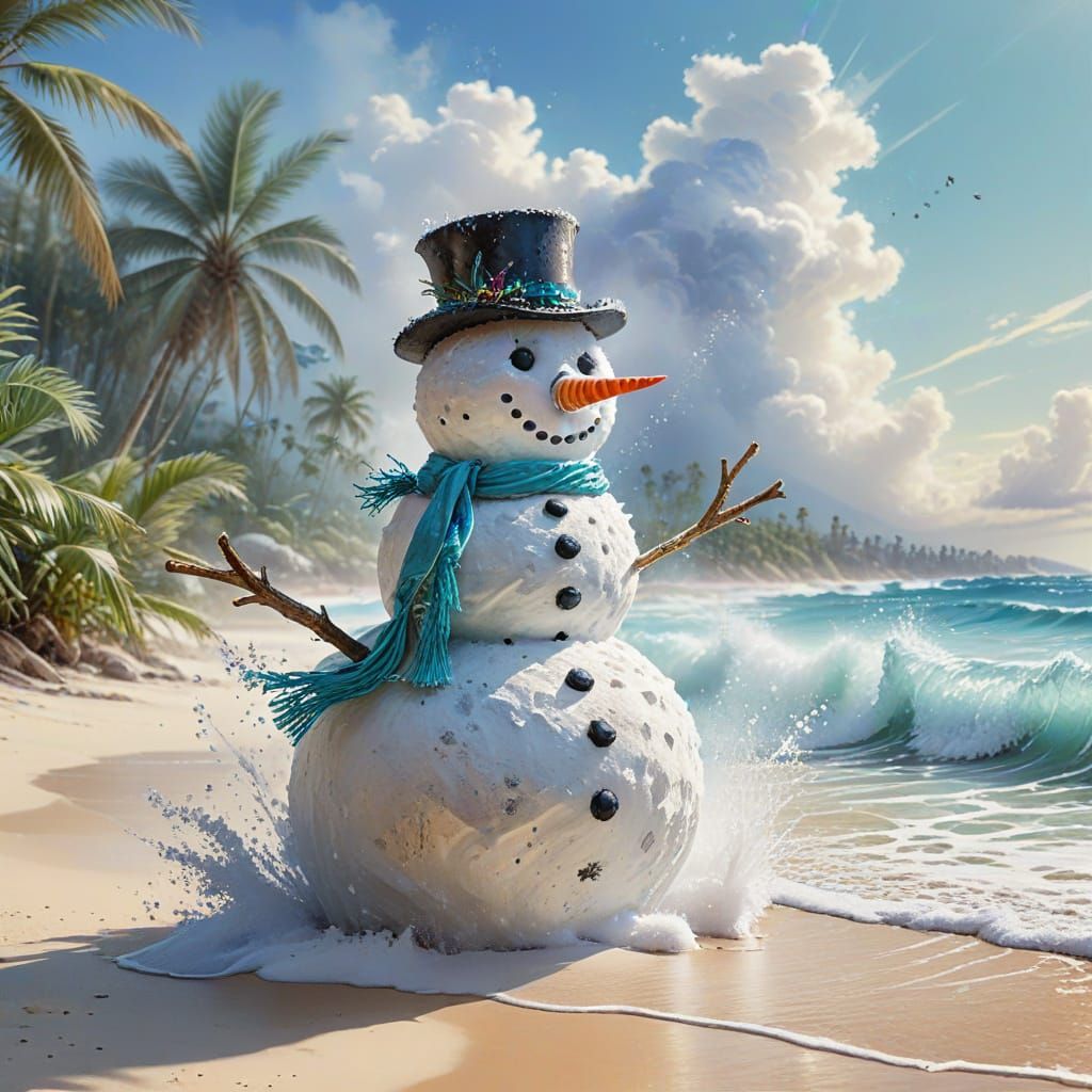 Snowman on Tropical Beach in Ethereal Watercolour Style