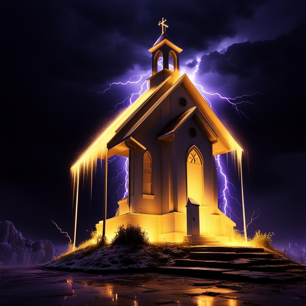 lightning strikes cross on old white church on hill, Glowing...