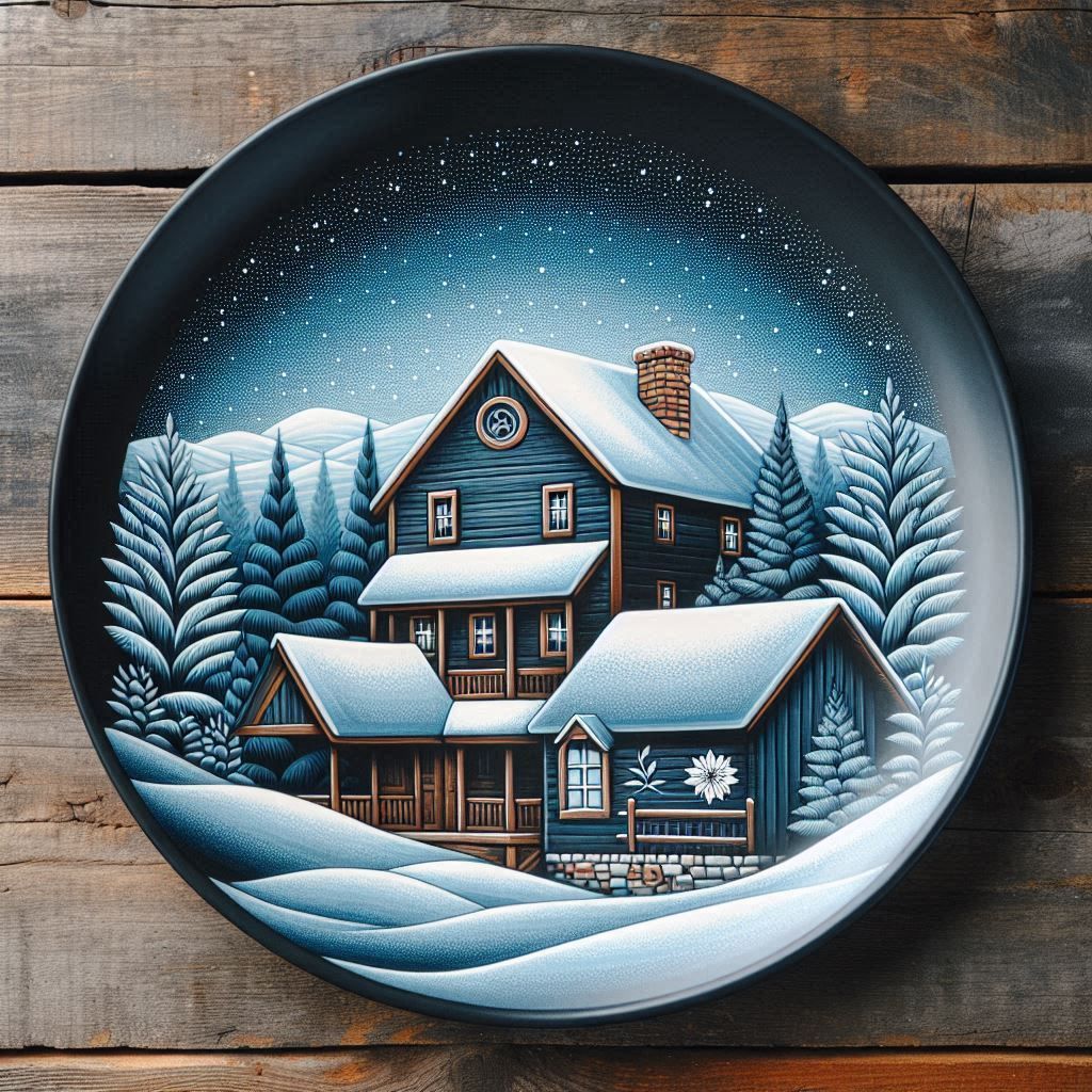Dinner Plate Artwork Farmhouse w/Snow 2